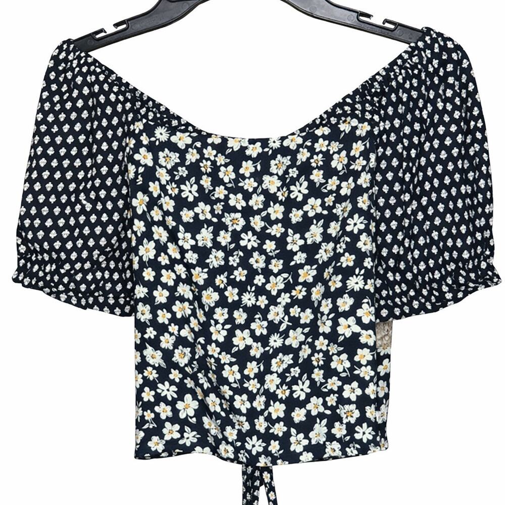 NWT Cottagecore Floral Romantic Black White Tie Front Crop Boho Size Large Boho